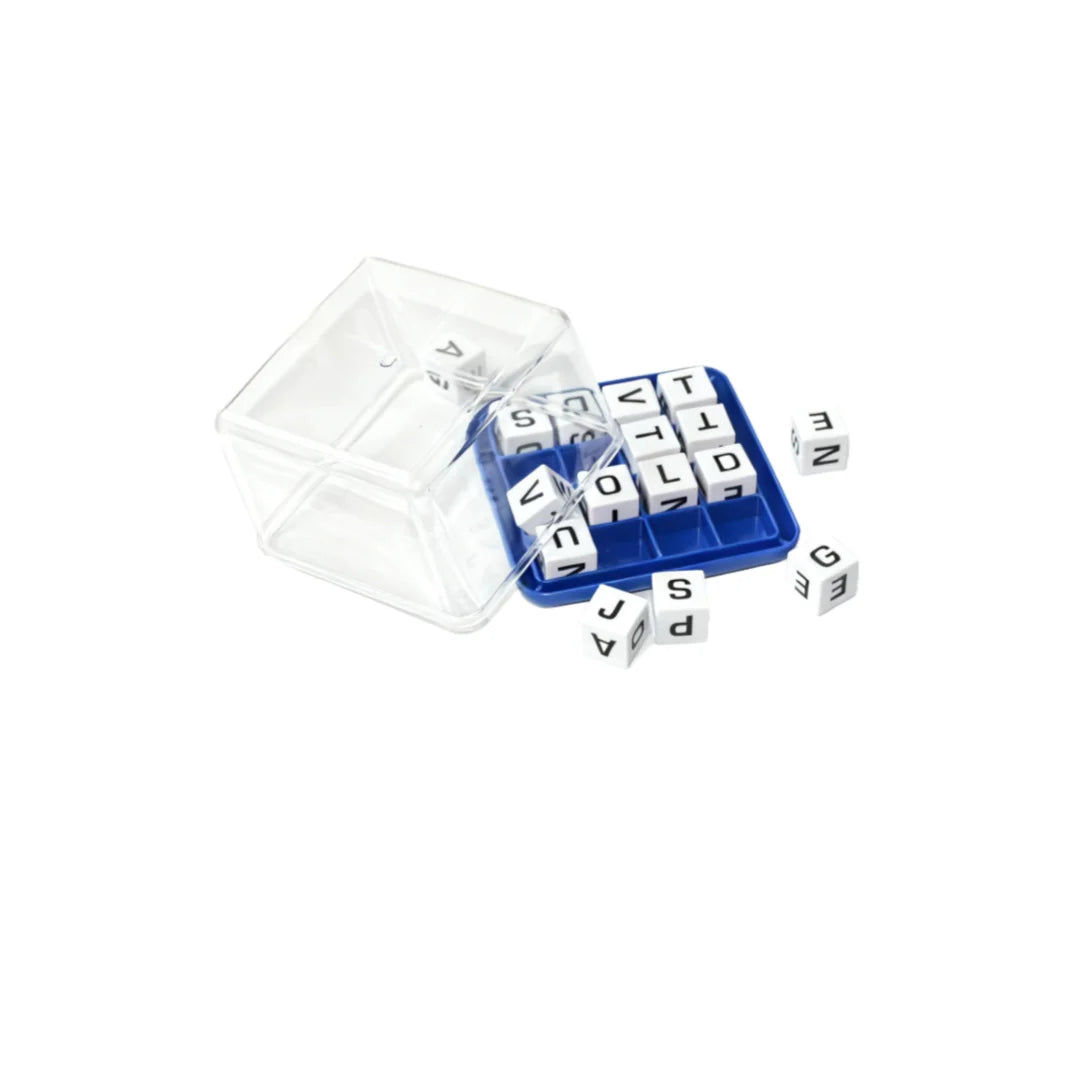 A clear plastic box containing dice used for a Boggle word search game