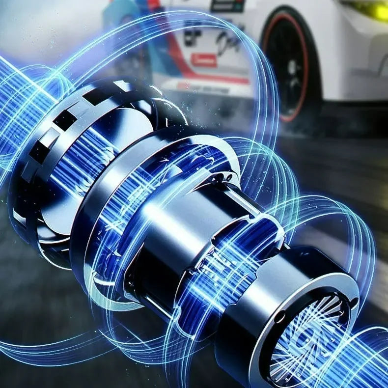 A close-up of a 4WD RC drift car with LED lights surrounded by bright blue energy effects.