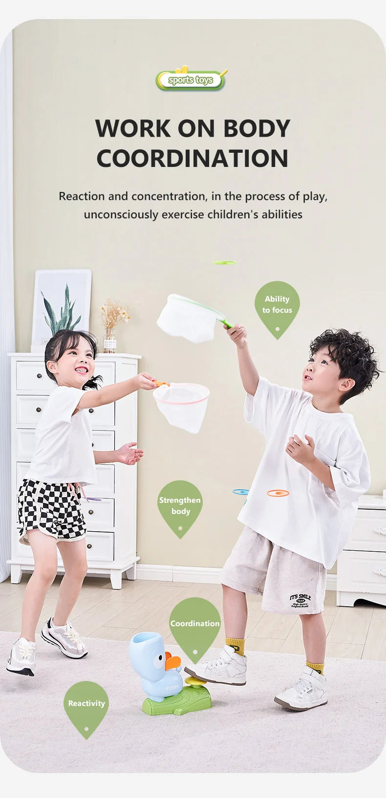 Children playing with a foot launcher flying disc toy set and catching nets to work on body coordination.