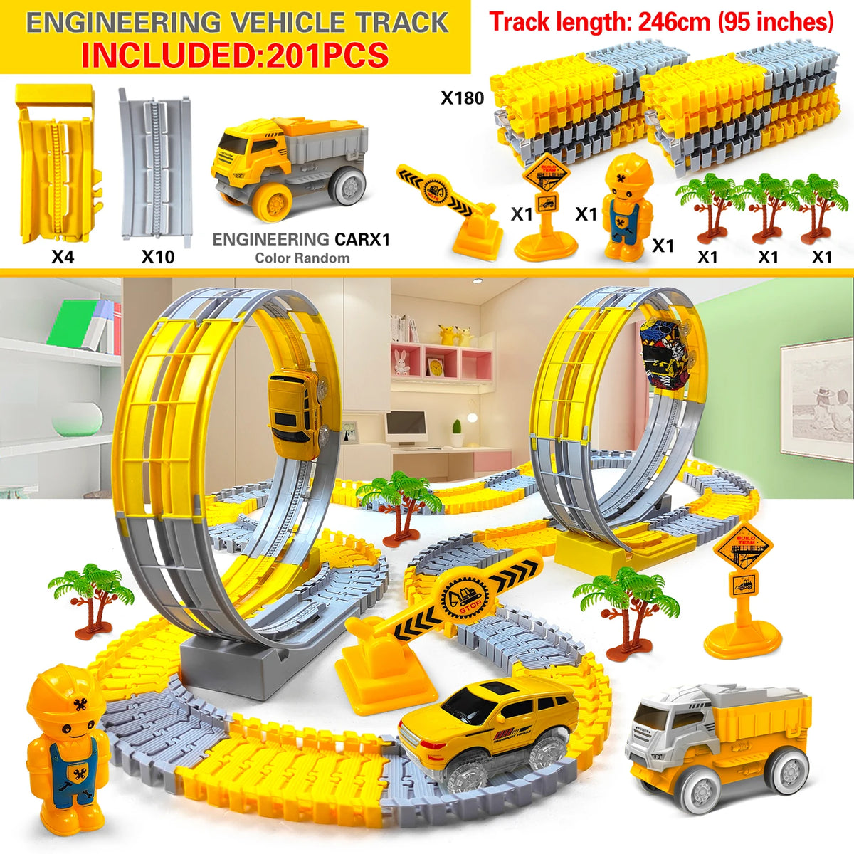A yellow and gray flexible dinosaur race track toy set with electric cars and various track pieces.
