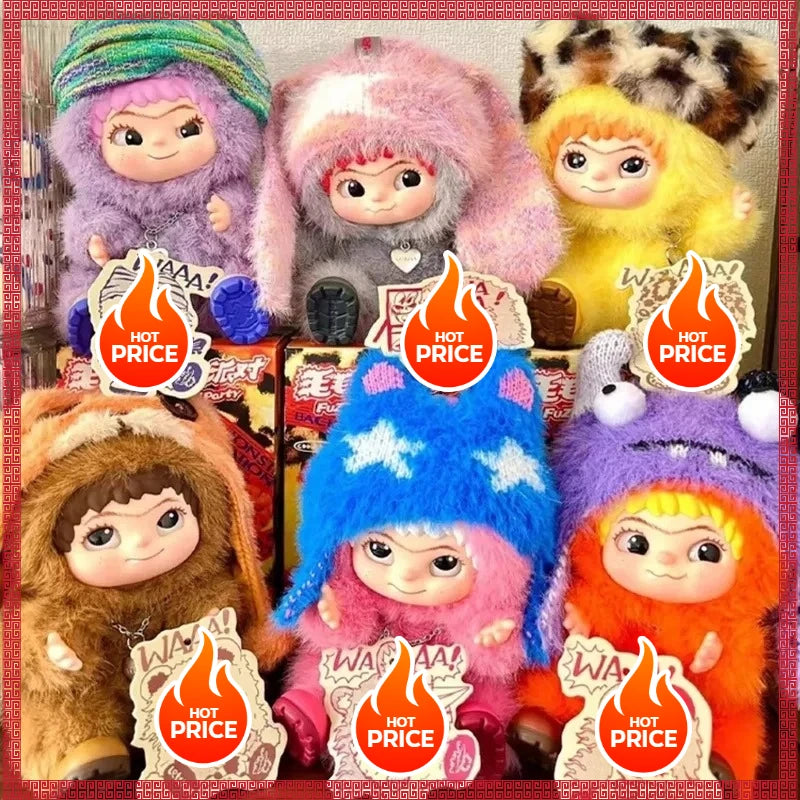 A collection of cute plush toys with various colors and textures, including purple, pink, yellow, and brown.