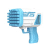 A white and blue gatling-style bubble gun with 32 holes for kids.