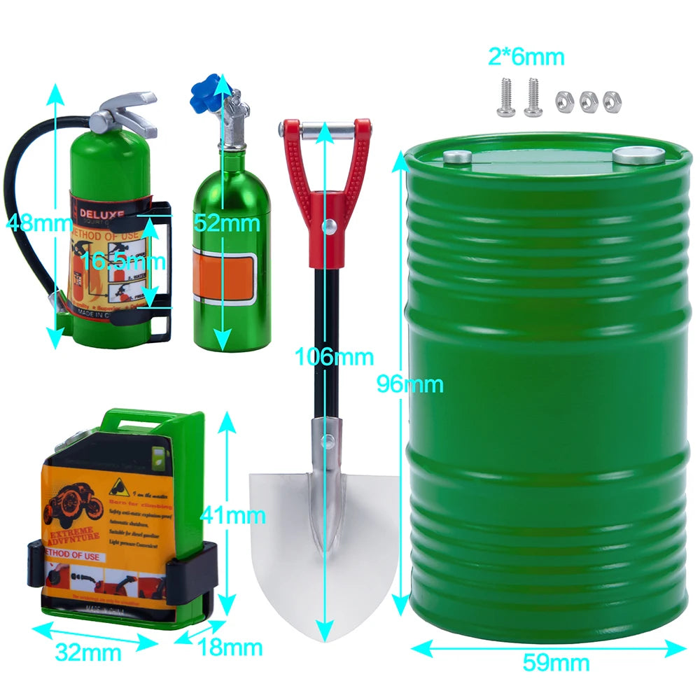 1/10 Scale RC Crawler Accessories - Shovel, Fire Extinguisher & Oil Drum Set