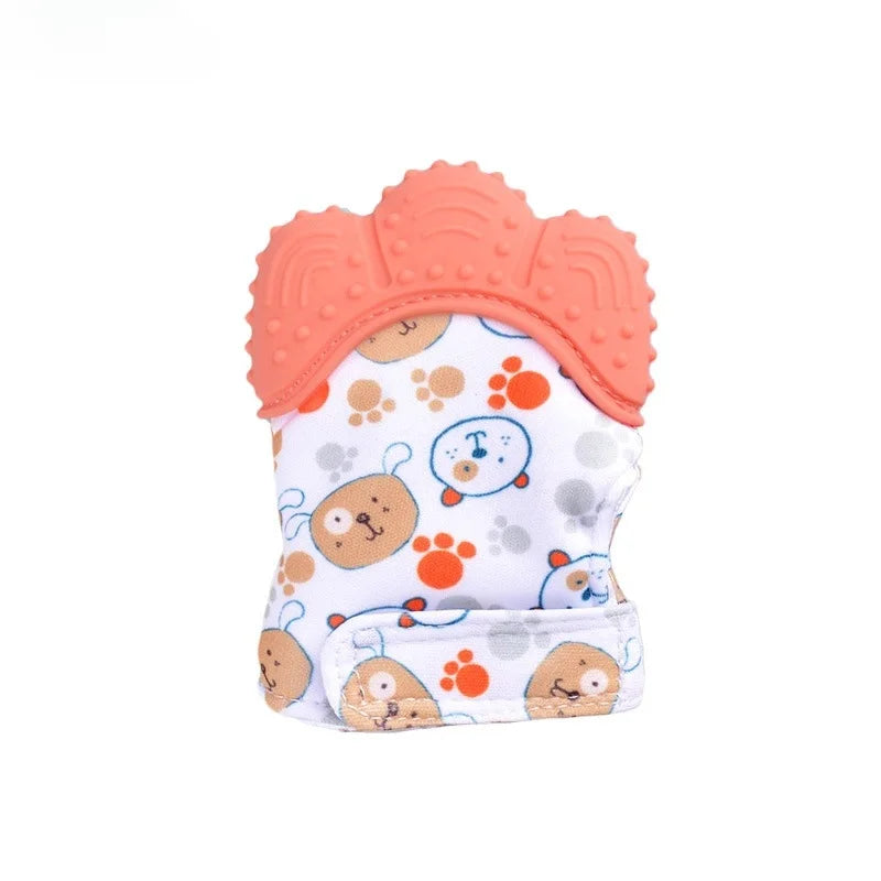 A pair of orange cartoon baby teething mittens with a white and orange pattern.