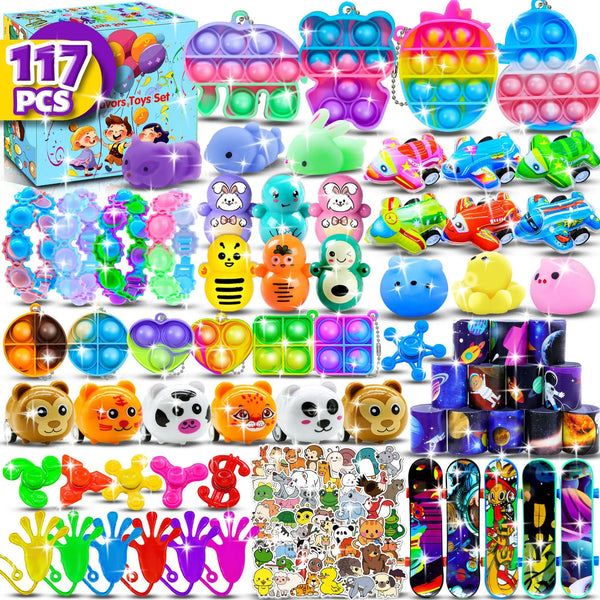 Verschiedene Plastik-Partygeschenke und Spielzeuge, darunter Slime, Luftpopp und kleine Figuren.