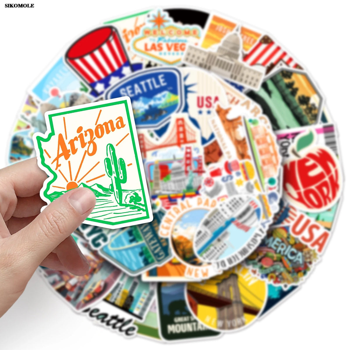 A collection of USA map cartoon stickers featuring various states and landmarks for laptops, luggage, and crafts.