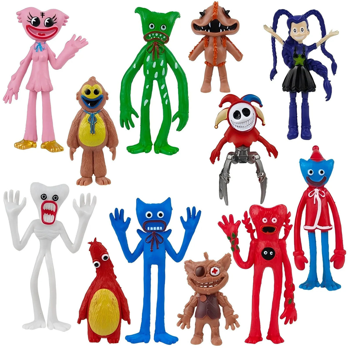 A collection of various Poppy Playtime character dolls and collectible figures in different colors and styles.