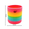 A stack of bright rainbow colored silicone rings or bracelets for hand-eye coordination and stress relief.