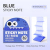 Blue sticky note box containing 80 sheets of sticky note with a pull-through dispenser