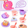 A pink pretend play tea party set includes a teapot, cups, and accessories for children's imaginative play.