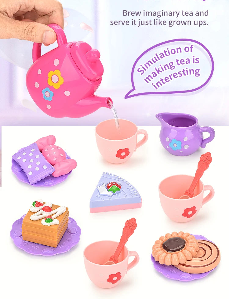 A pink pretend play tea party set includes a teapot, cups, and accessories for children's imaginative play.