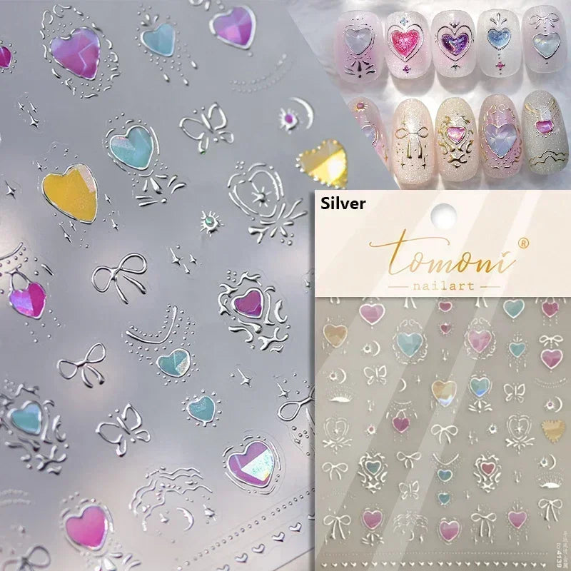 Silver nail art stickers featuring various floral and decorative designs for manicures