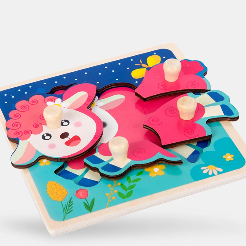 A wooden puzzle game featuring pink and white animal shapes for toddlers, designed for educational matching.
