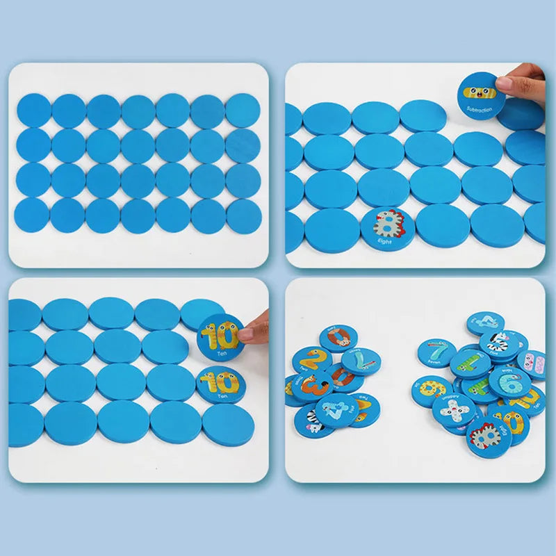 A wooden memory matching game featuring dinosaur and traffic theme tiles laid out on a white board.