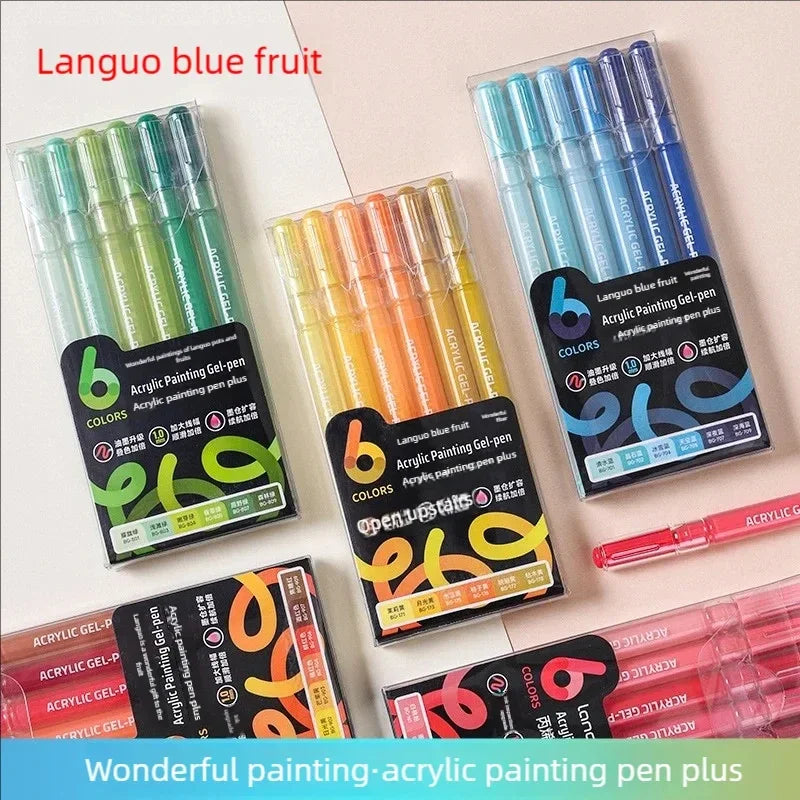 A set of six blue and green acrylic gel pens packaged in a clear plastic container.