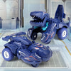 A blue dinosaur transforming car toy is shown in various forms on a light gray surface.