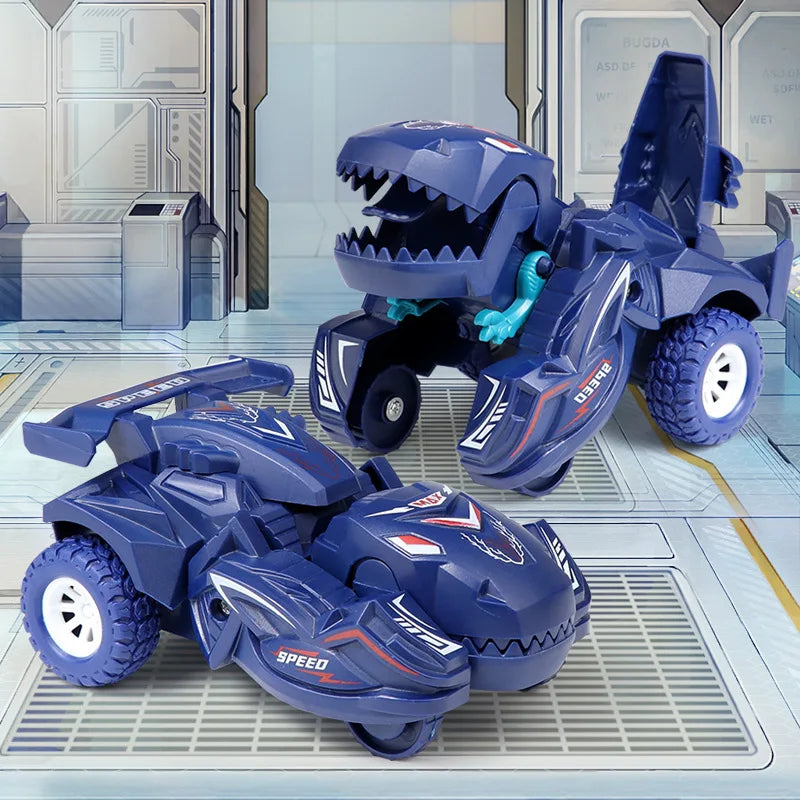 A blue dinosaur transforming car toy is shown in various forms on a light gray surface.