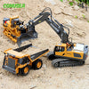 A yellow YIGONG excavator truck with a hydraulic arm is shown on dirt terrain.