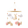 Wooden felt forest animal crib mobile featuring white clouds and a pink lion puppy.