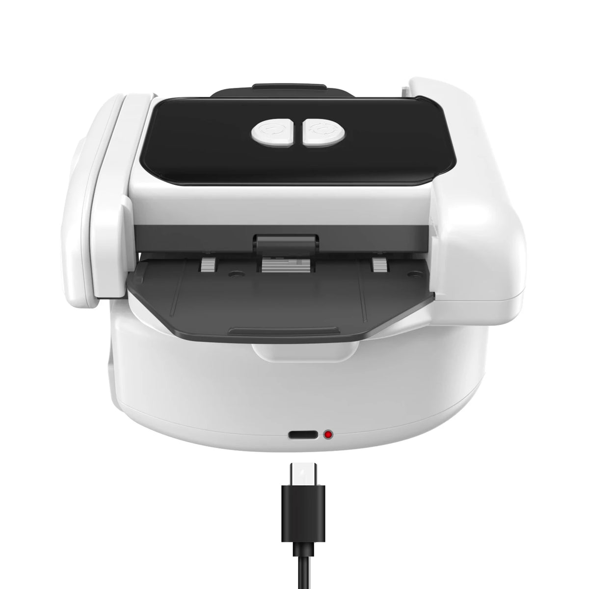 A white automatic 2-deck card shuffler device with a black top and a charging cable.