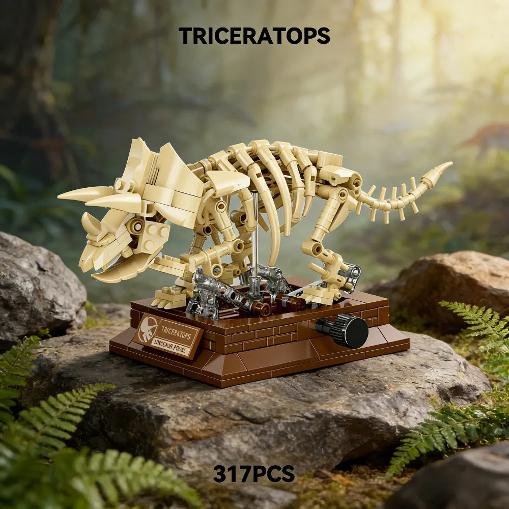 A detailed model of a Triceratops skeleton built from building blocks displayed on a rock.