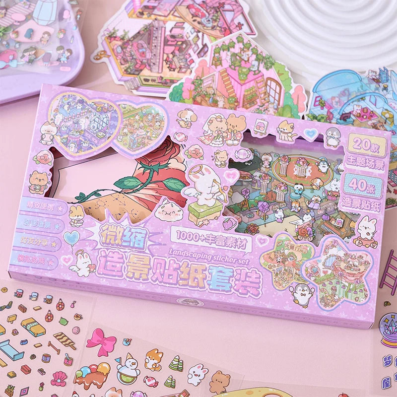 A colorful sticker set featuring miniature cartoon buildings and landscapes for scrapbooking and junk journals
