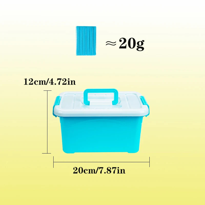 A light blue plastic container with a white lid and carving tools, measuring 12cm by 20cm.