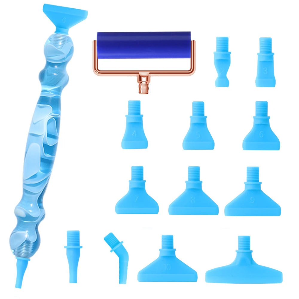 A set of diamond art pens with 12 interchangeable tips in various shades of blue and light blue.