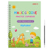 A green spiral notebook titled Magic Groove Practice Copybook for Preschools Alphabet featuring colorful letters and illustra