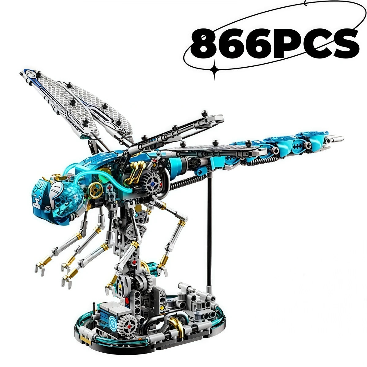 A detailed mechanical model kit of a dragonfly built from metal and plastic components.