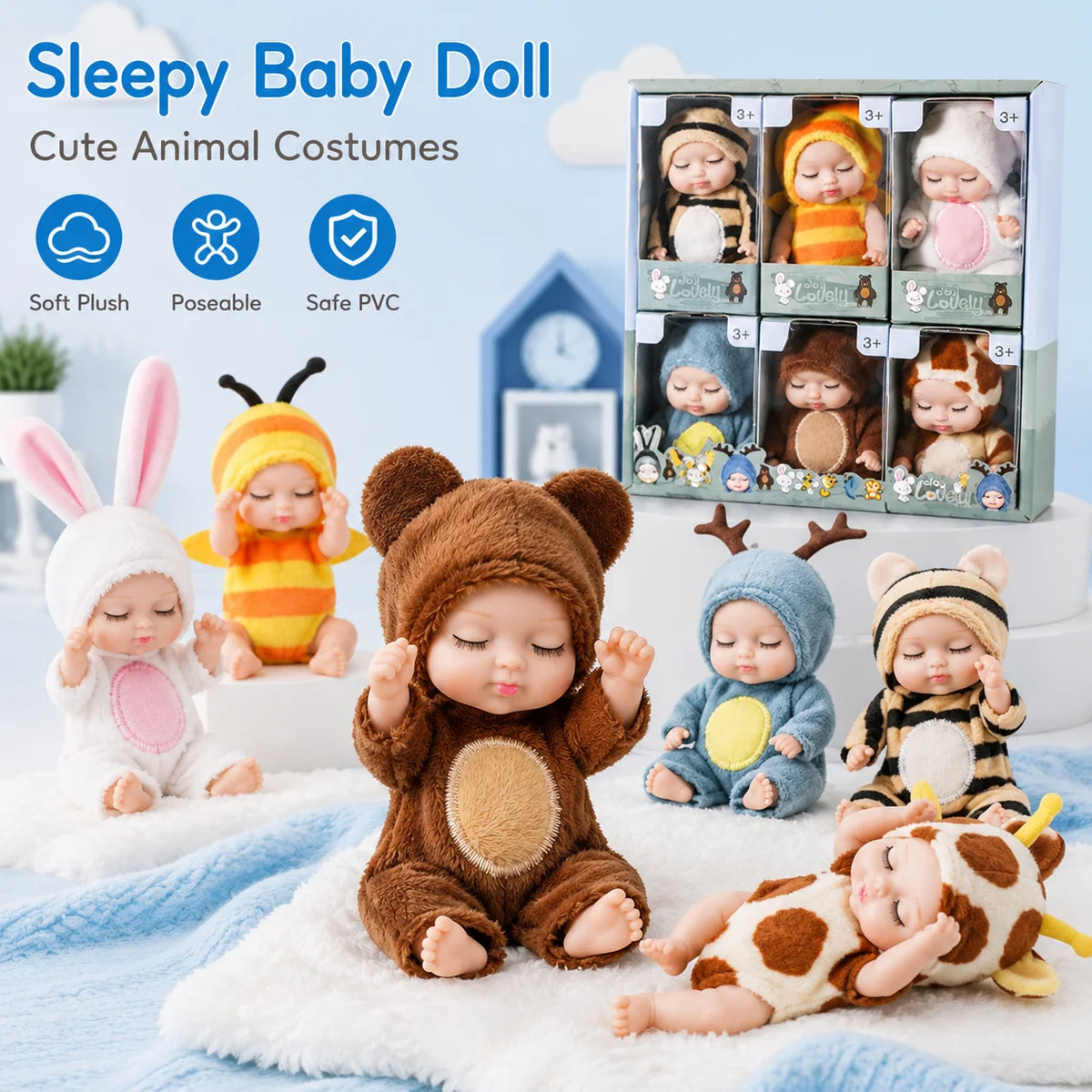 A collection of sleepy baby dolls dressed in cute animal costumes like a bunny and bear for pretend play