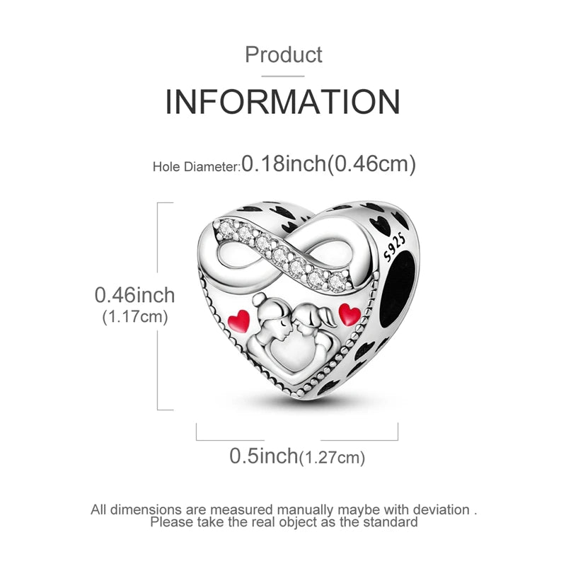 A sterling silver heart charm with an infinity design and a small heart detail.
