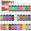 A collection of vibrant candle dye pigments in various colors packaged in glass bottles.
