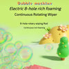 A pink electric 8-hole rotating wiper bubble machine toy with clear bubbles in a bright green background.