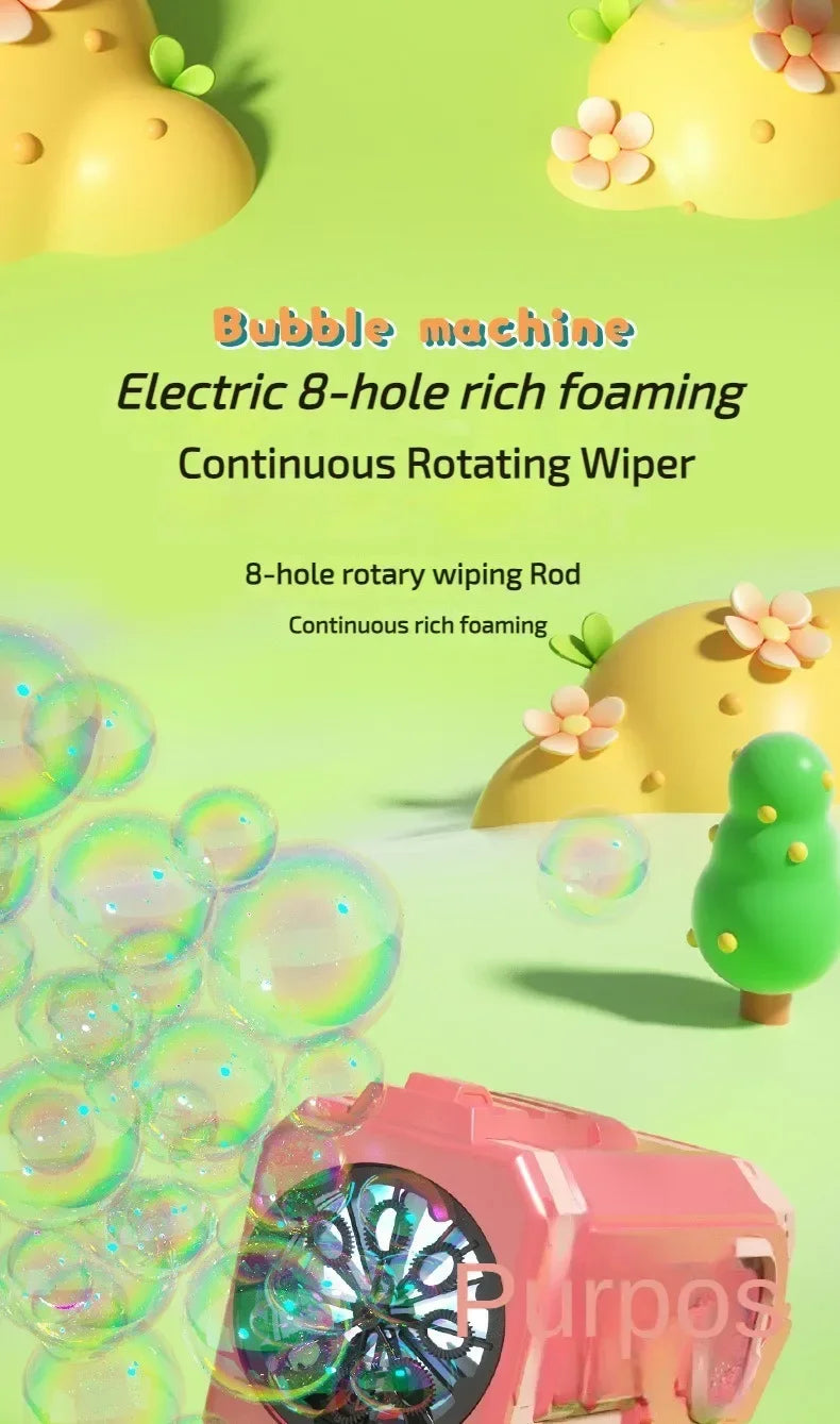 A pink electric 8-hole rotating wiper bubble machine toy with clear bubbles in a bright green background.