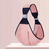 A pink and black adjustable cotton ring sling baby carrier displayed on a white surface.