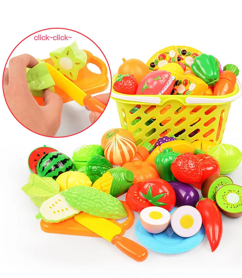 A colorful pretend play kitchen set featuring plastic fruits and vegetables for kids to cut and play