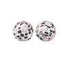 Two spherical silicone beads with a leopard print design and a pink center, used for jewelry making.