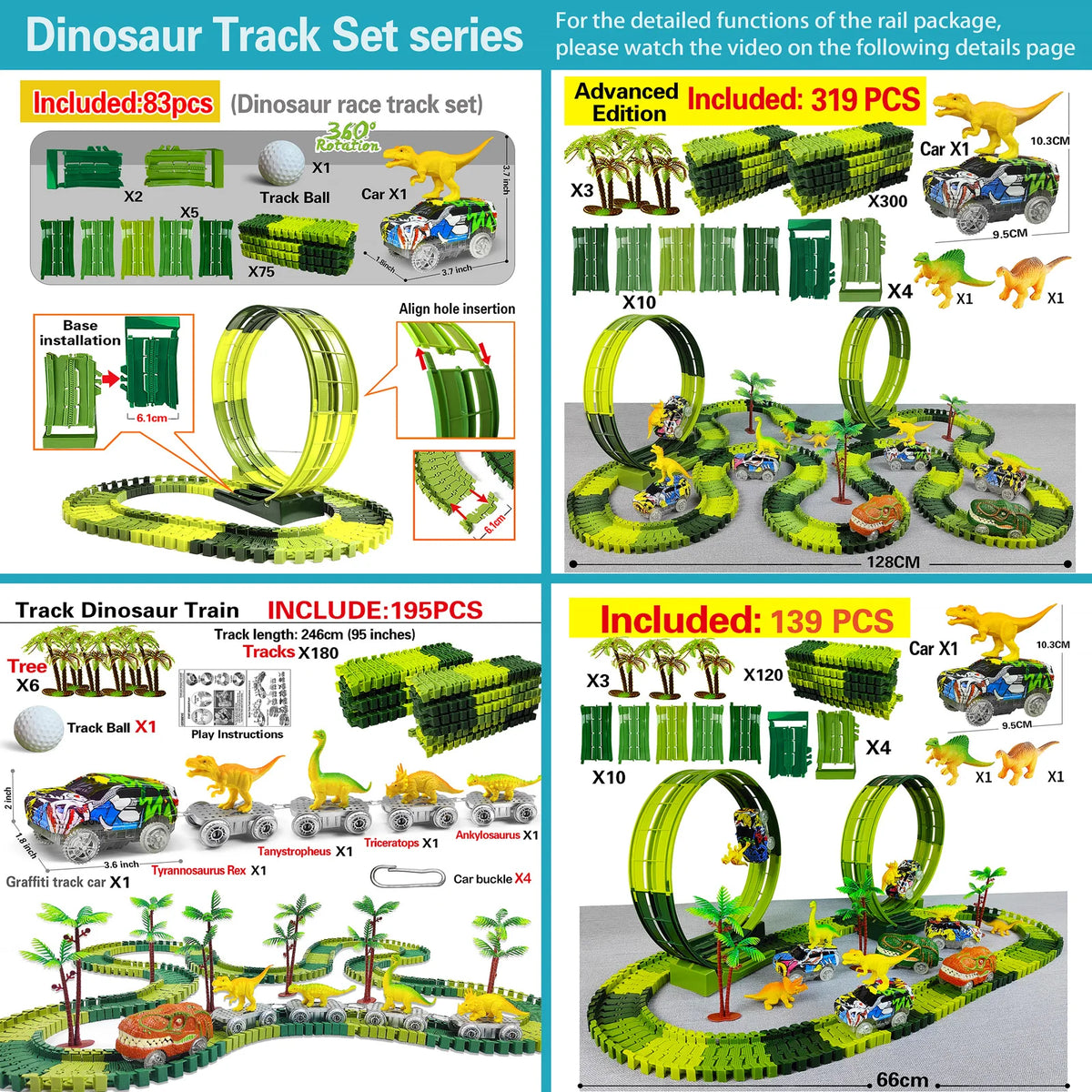 Dinosaur track set series includes various dinosaur cars and tracks for building a climbing course