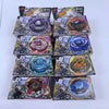 A set of 4D metal fusion battle items including a launcher and spinning top in various colors.