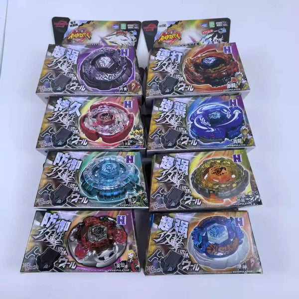 A set of 4D metal fusion battle items including a launcher and spinning top in various colors.