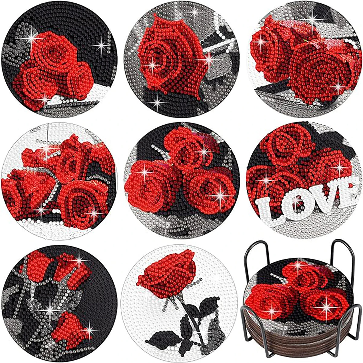 A set of red floral diamond painting coasters with metal holders.