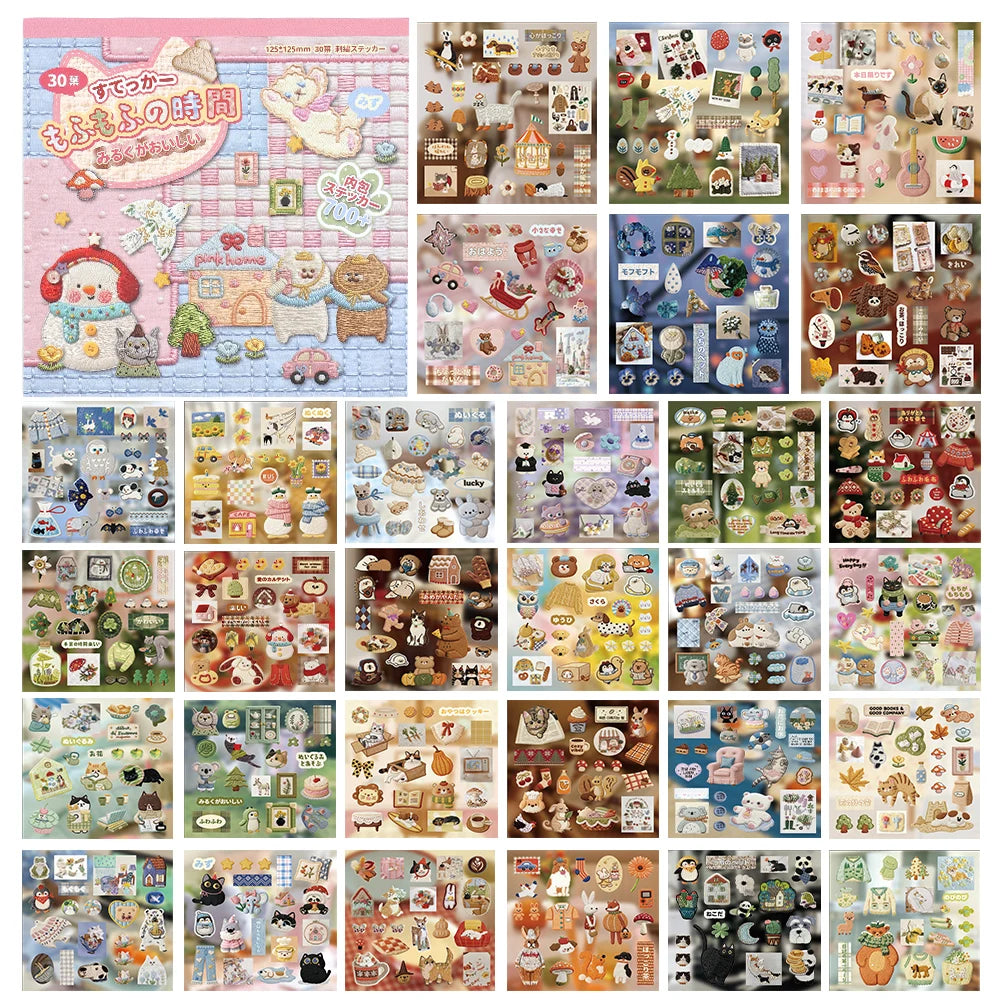 A collection of kawaii embroidery-style stickers and patterns in a book format.