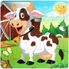 A puzzle featuring a cartoon cow in black and white spots standing in a green field.