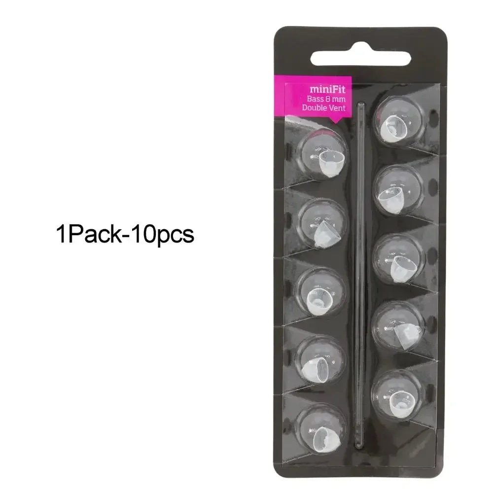 A pack of 10 replacement bass domes for Oticon MiniFit hearing aids, black and clear.
