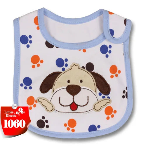 A white baby feeding bib with a light blue trim and a cartoon dog design.