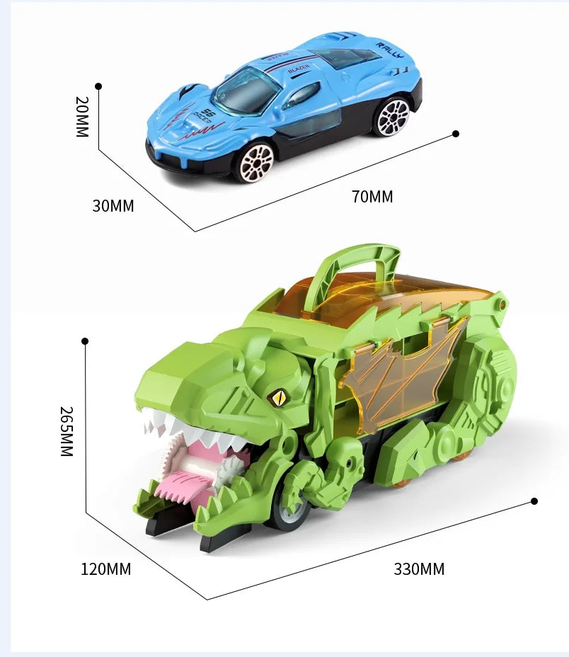 A blue and black die-cast T-Rex dinosaur toy with storage and inertia sliding features.