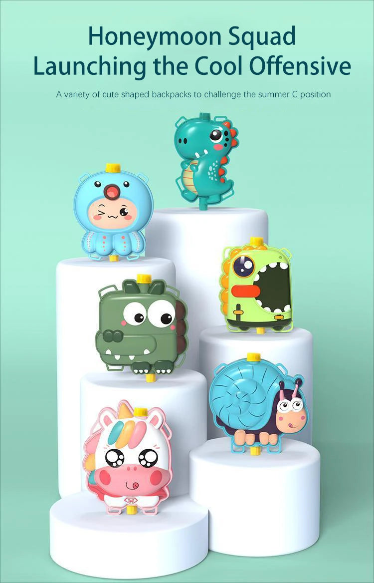A collection of cute, shaped animal backpacks and water guns for kids, including a blue elephant, green dinosaur, and yellow 