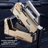 A tan folding assault water gun is shown open, transforming into a briefcase-like case.