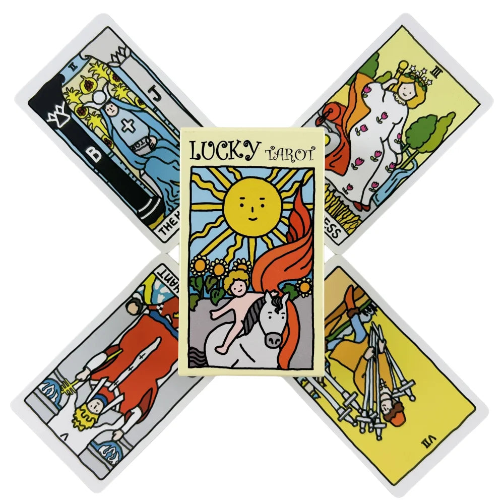 A spread of seven tarot cards, including the Lucky Tarot card, laid out in a cross pattern.